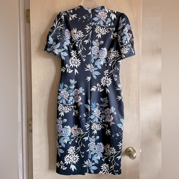 Vince Camuto Floral Navy Blue White Puff Sleeve Sheath Dress Size M 10 - Picture 7 of 15